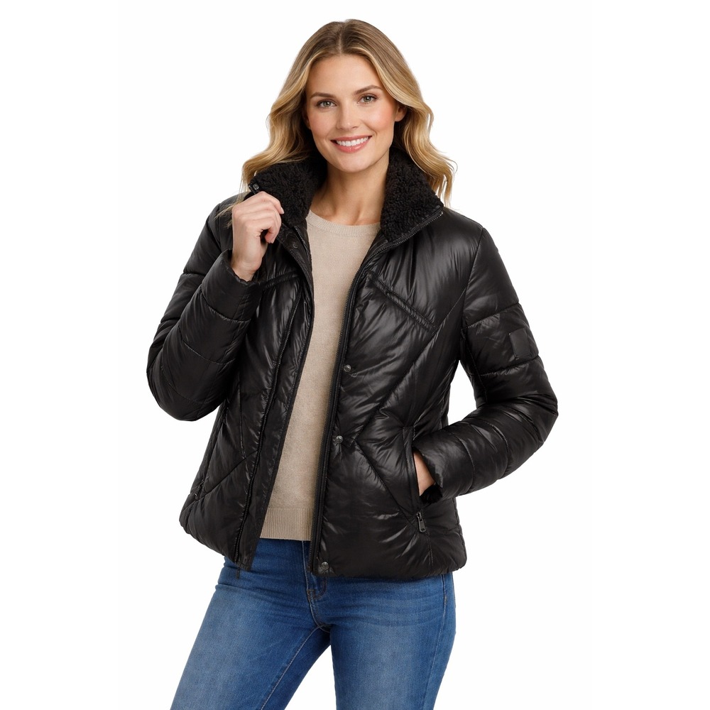 New Andrew Marc Sport Black Puffer Jacket Faux Fur Lined Womens Small